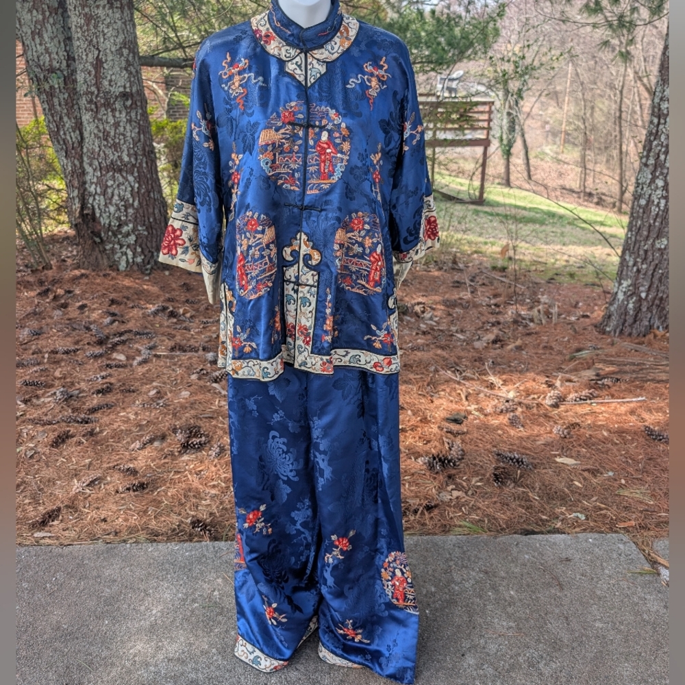 Rare Vintage Chinese Bazaar Honolulu T.H. Blue Kimono Top Pant Set Medium Silk?